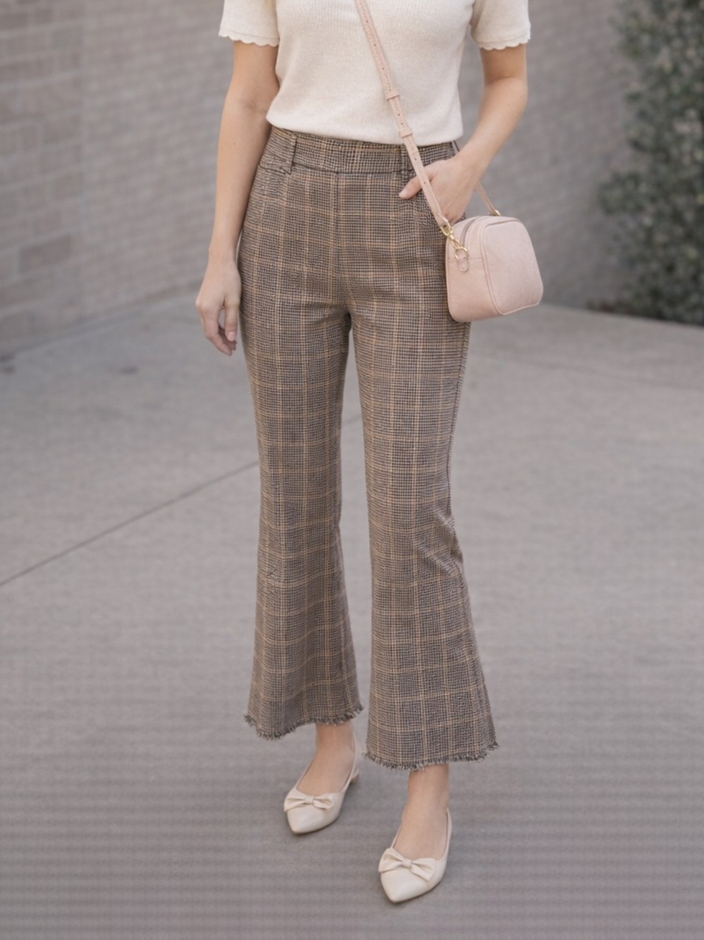 Banana Republic Plaid Flare Pants Brown Tan High Waist Crop Frayed Hem autumn